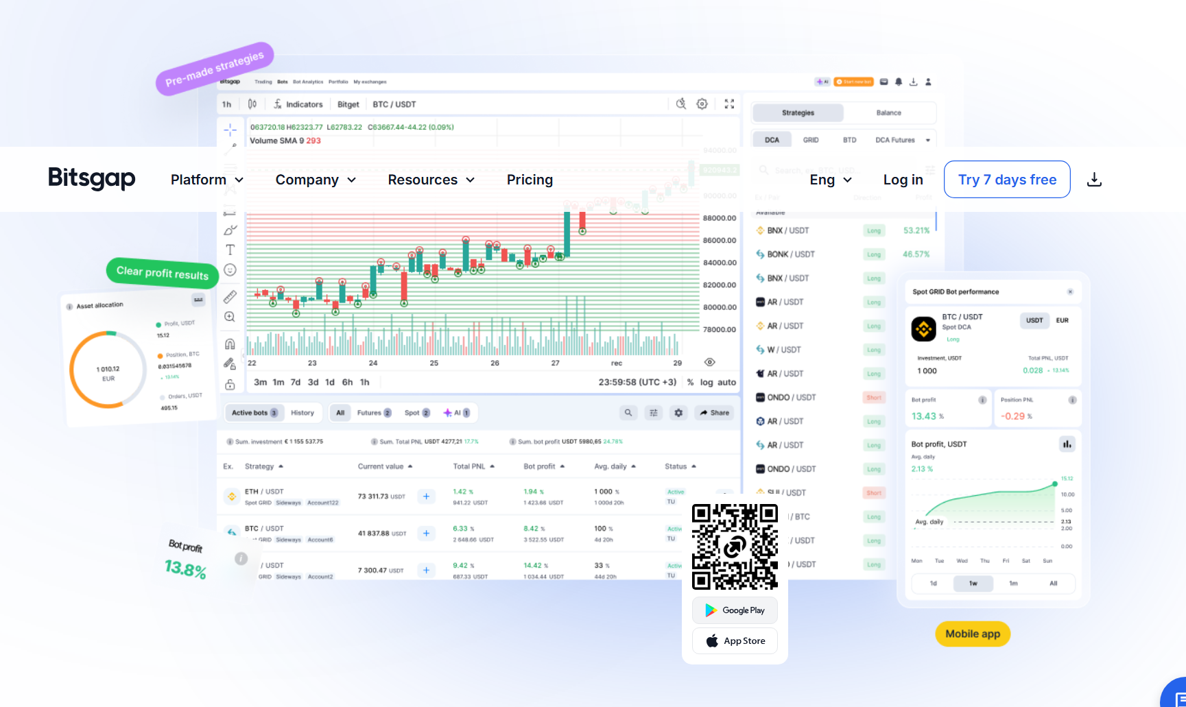 Bitsgap automated trading dashboard with strategy controls, profit analytics, mobile app preview, and app download QR code